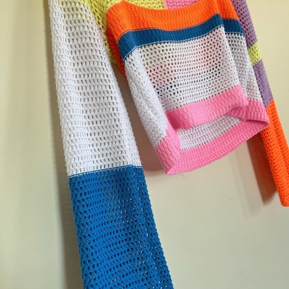 Multicolor Crochet Knit Colorblock Crop Top Square Neck Long Sleeve Small - Picture 7 of 9